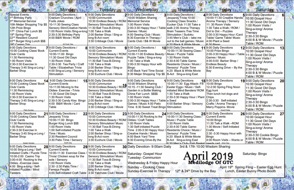 MediLodge of GTC April Events Calendar